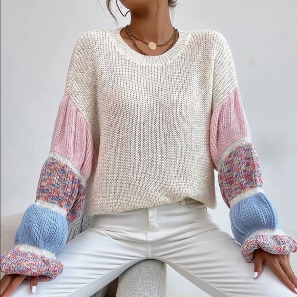 Sweater rainbow pink gathered sleeve puff lantern sleeve ruched blue cream - Picture 5 of 9